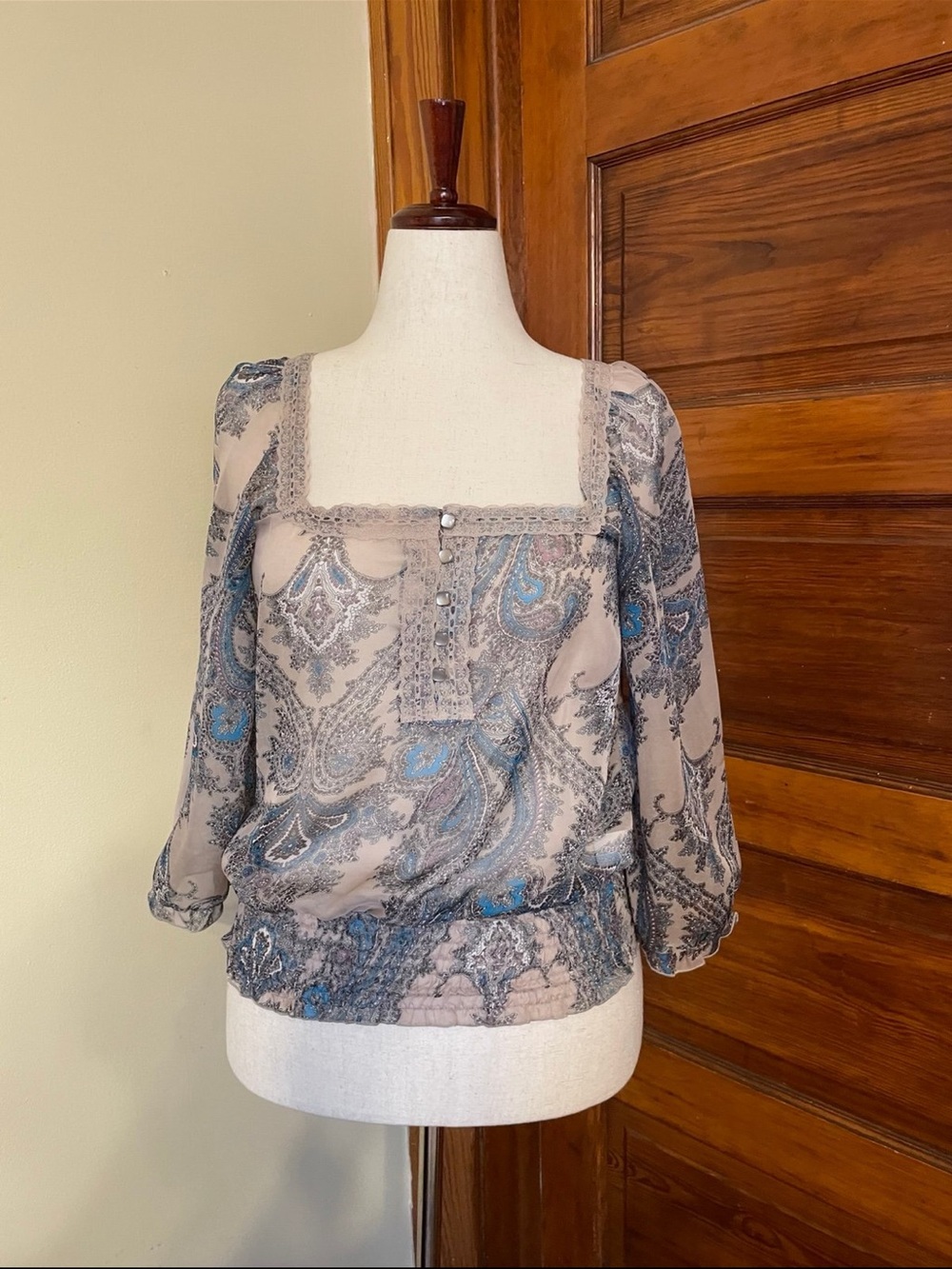 Windsor Taupe Sheer Paisley Square-Neck Blouse with Blue Accents
